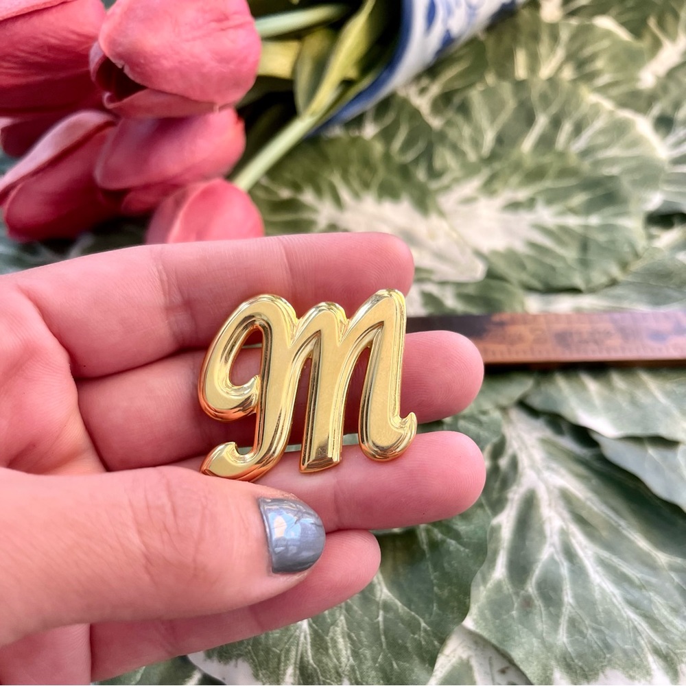 VINTAGE • Letter M Gold Brooch • Cursive, Embossed M Initial Pin, Monogram M